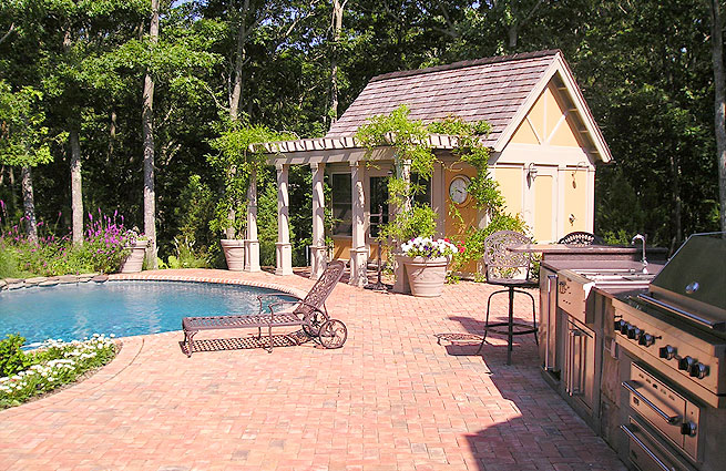 White pergola by pool