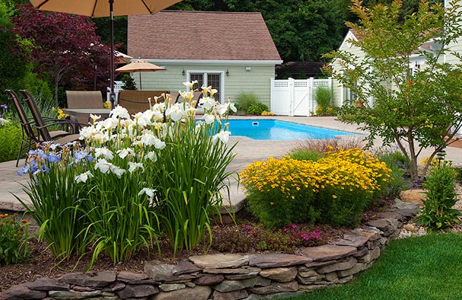 Retaining wall with flowers, pool in background